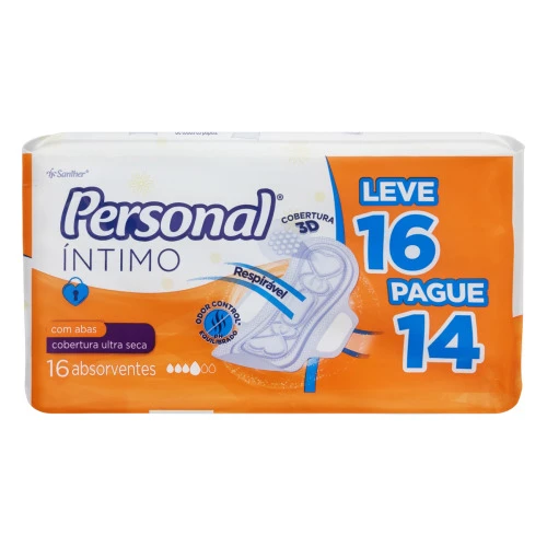 ABSORVENTE COM ABAS ULTRA SECA PERSONAL ÍNTIMO PACOTE LEVE 16 PAGUE 14 UNIDADES