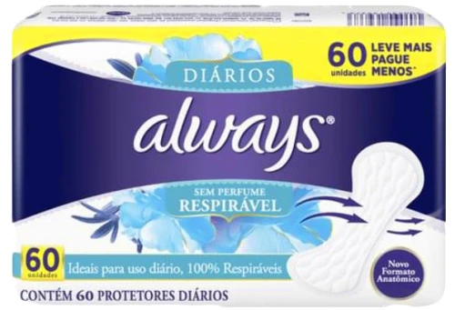 PROTETOR DIÁRIO RESPIRÁVEL SEM ABAS ALWAYS PACOTE 60 UNIDADES LEVE MAIS PAGUE MENOS