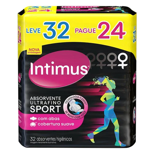 ABSORVENTE COM ABAS ULTRAFINO SUAVE INTIMUS SPORT PACOTE LEVE 32 PAGUE 24 UNIDADES