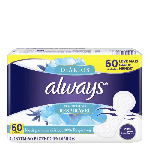 PROTETOR DIÁRIO ALWAYS SEM PERFUME RESPIRÁVEL 60 UNIDADES