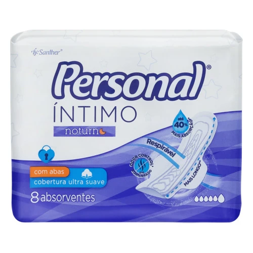 ABSORVENTE COM ABAS ULTRA SUAVE NOTURNO PERSONAL ÍNTIMO PACOTE 8 UNIDADES