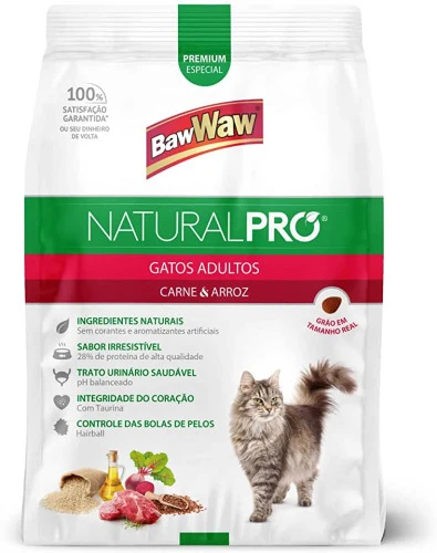 RAÇÃO BAW WAW NATURAL PRO PARA GATOS ADULTOS SABOR CARNE E ARROZ 1KG