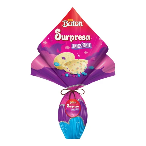 OVO DE PÁSCOA BRANCO COM PASTILHAS DE CHOCOLATE COLORIDAS UNICÓRNIO GAROTO BATON SURPRESA 210G