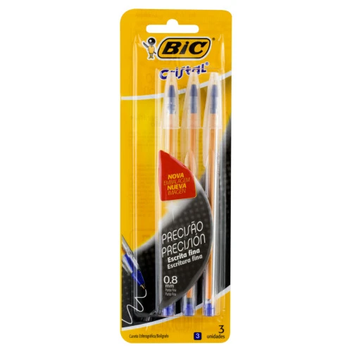 CANETA ESFEROGRÁFICA AZUL 0 8MM PONTA FINA BIC CRISTAL 3 UNIDADES