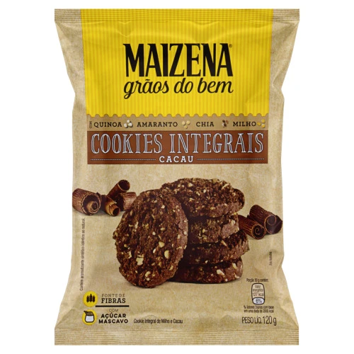 BISCOITO COOKIE INTEGRAL CACAU MAIZENA GRÃOS DO BEM PACOTE 120G
