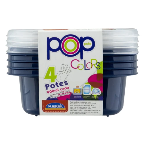 CONJUNTO POTE PLÁSTICO AZUL INTENSO QUADRADO 400ML PLASÁTIL POP COLORS 4 UNIDADES