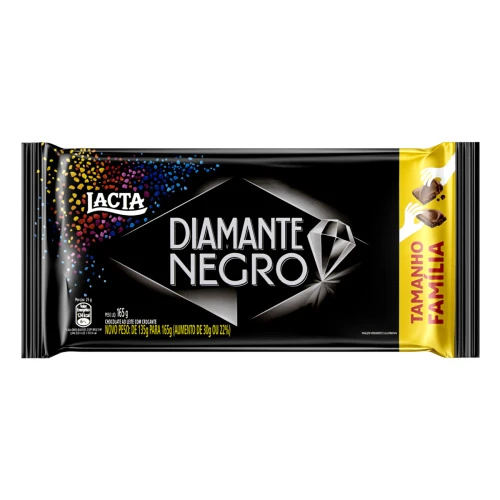 CHOCOLATE AO LEITE LACTA DIAMANTE NEGRO PACOTE 165G TAMANHO FAMÍLIA