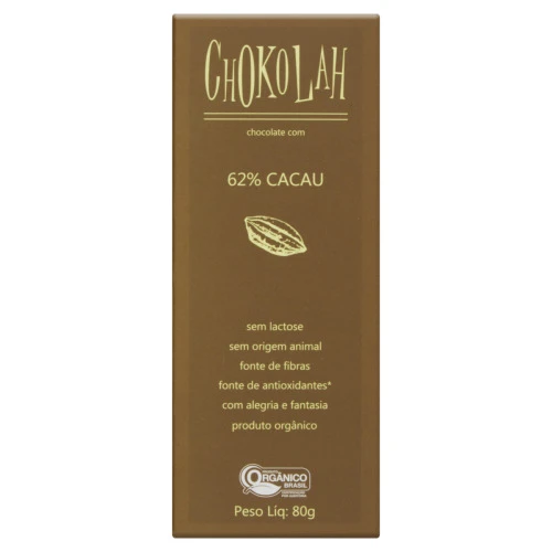 CHOCOLATE AMARGO 62 CACAU ORGÂNICO ZERO LACTOSE CHOKOLAH CAIXA 80G 2 UNIDADES