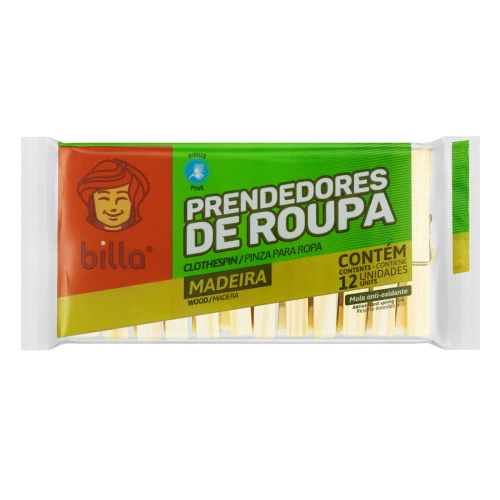 PRENDEDOR DE ROUPA MADEIRA COM MOLAS ANTIOXIDANTE BILLA 12 UNIDADES