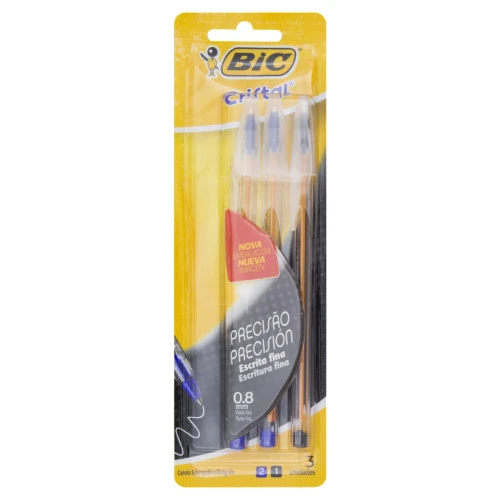 CANETA ESFEROGRÁFICA 0 8MM PONTA FINA BIC CRISTAL 3 UNIDADES