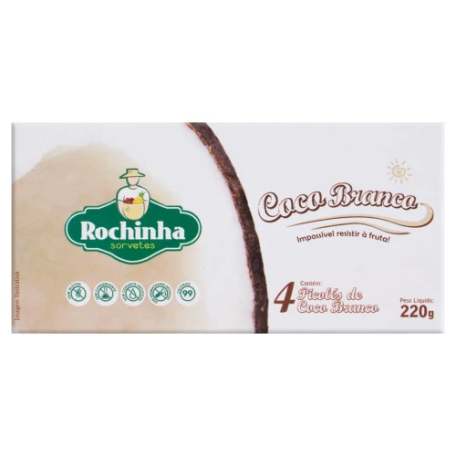PACK PICOLÉ COCO BRANCO ROCHINHA SORVETES PACOTE 220G 4 UNIDADES