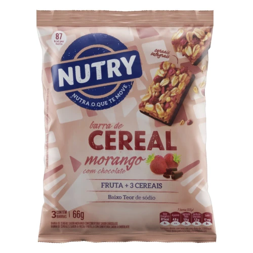 PACK BARRA DE CEREAIS MORANGO COBERTURA CHOCOLATE NUTRY PACOTE 66G 3 UNIDADES