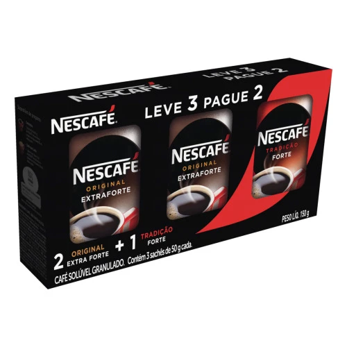 KIT 2 CAFÉS SOLÚVEIS GRANULADO EXTRAFORTE ORIGINAL 1 FORTE TRADIÇÃO NESCAFÉ 50G CADA LEVE 3 PAGUE 2