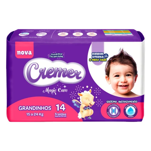 FRALDA DESCARTÁVEL INFANTIL CREMER MAGIC CARE GRANDINHOS PACOTE 14 UNIDADES