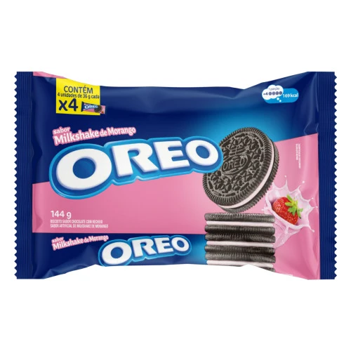 PACK BISCOITO CHOCOLATE RECHEIO MILKSHAKE DE MORANGO OREO PACOTE 144G 4 UNIDADES