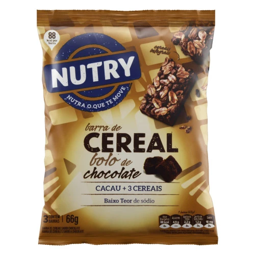 PACK BARRA DE CEREAIS BOLO DE CHOCOLATE NUTRY PACOTE 66G 3 UNIDADES