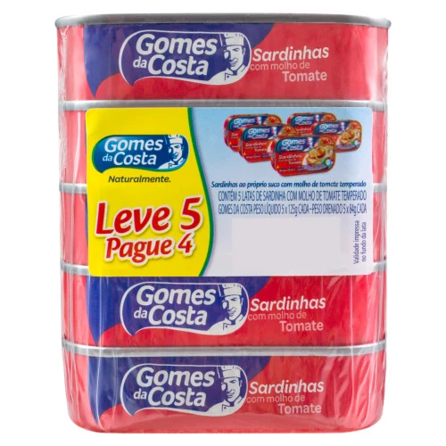 PACK SARDINHA COM MOLHO DE TOMATE GOMES DA COSTA LATA 420G LEVE 5 PAGUE 4 UNIDADES