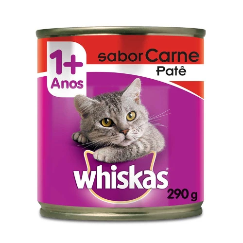 RAÇÃO ÚMIDA WHISKAS LATA PATÊ DE CARNE PARA GATOS ADULTOS 290G