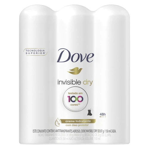 PACK ANTITRANSPIRANTE AEROSSOL INVISIBLE DRY DOVE 3 UNIDADES 150ML CADA