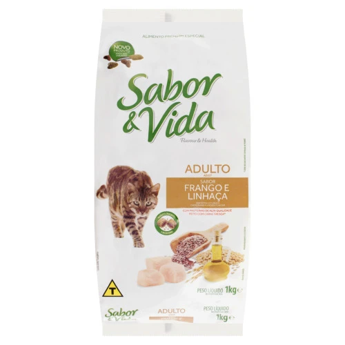 ALIMENTO PARA GATOS ADULTOS FRANGO E LINHAÇA SABOR VIDA PACOTE 1KG