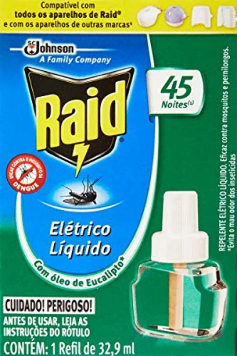 REPELENTE ELÉTRICO LÍQUIDO 45 NOITES ÓLEO DE EUCALIPTO RAID CAIXA 32 9ML REFIL