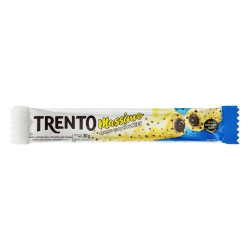 WAFER RECHEIO CHOCOLATE MEIO AMARGO COBERTURA COOKIES E CHOCOLATE BRANCO TRENTO MASSIMO PACOTE 30G