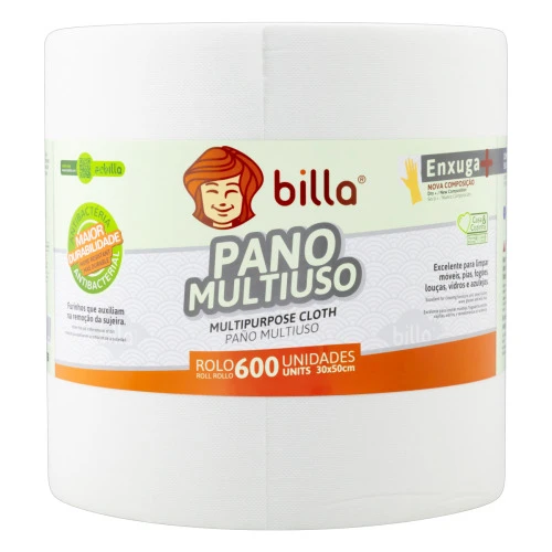 PANO MULTIUSO EM ROLO BRANCO BILLA 600 UNIDADES