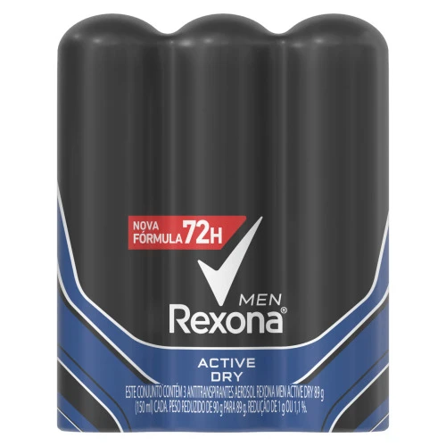 PACK ANTITRANSPIRANTE AEROSSOL ACTIVE DRY REXONA MEN 3 UNIDADES 150ML CADA
