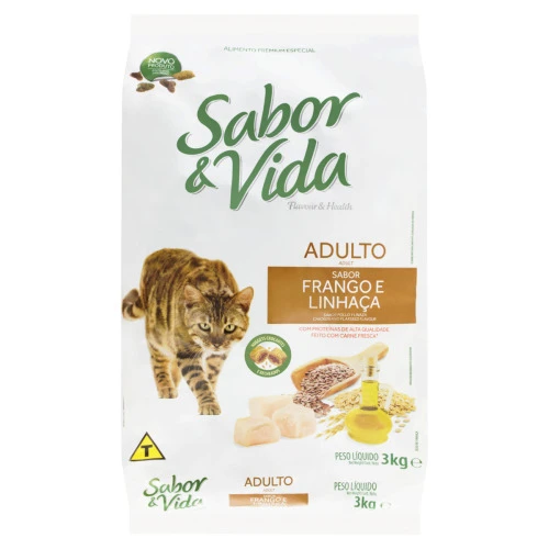 ALIMENTO PARA GATOS ADULTOS FRANGO E LINHAÇA SABOR VIDA PACOTE 3KG