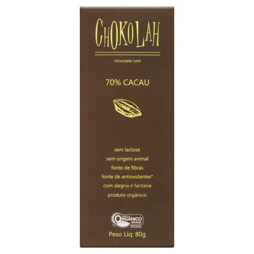 CHOCOLATE AMARGO 70 CACAU ORGÂNICO ZERO LACTOSE CHOKOLAH CAIXA 80G 2 UNIDADES