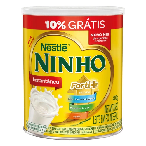 LEITE EM PÓ INSTANTÂNEO INTEGRAL NESTLÉ NINHO FORTI LATA 400G GRÁTIS 10
