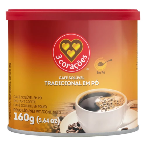 CAFÉ SOLÚVEL EM PÓ TRADICIONAL 3 CORAÇÕES LATA 160G
