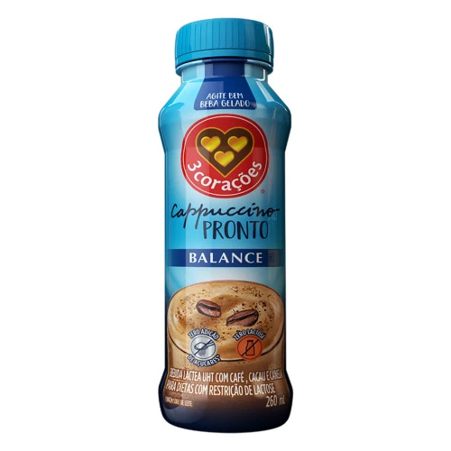 BEBIDA LÁCTEA UHT CAPPUCCINO ZERO LACTOSE 3 CORAÇÃES BALANCE FRASCO 260ML
