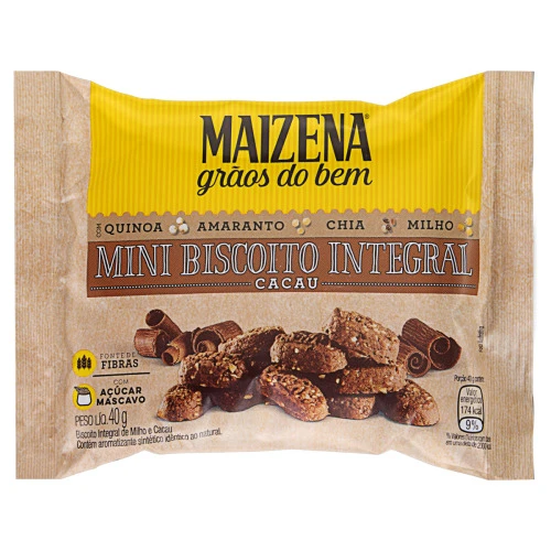 MINI BISCOITO INTEGRAL CACAU MAIZENA GRÃOS DO BEM PACOTE 40G