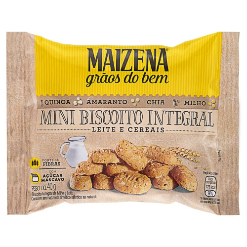 MINI BISCOITO INTEGRAL LEITE E CEREAIS MAIZENA GRÃOS DO BEM PACOTE 40G