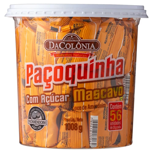 PACK PAÇOQUINHA COM AÇÚCAR MASCAVO DACOLÔNIA POTE 1008G 56 UNIDADES