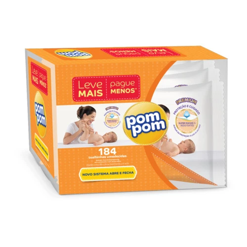 PACK TOALHA UMEDECIDA POM POM PREMIUM PACOTE 4 UNIDADES LEVE MAIS PAGUE MENOS