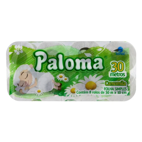 PAPEL HIGIÊNICO FOLHA SIMPLES CAMOMILA PALOMA 30M PACOTE 8 UNIDADES