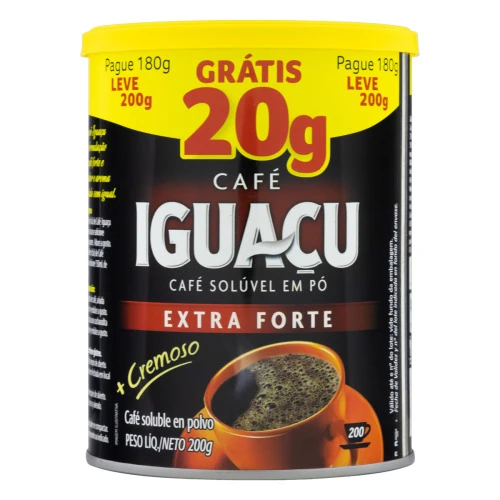 CAFÉ SOLÚVEL EM PÓ EXTRAFORTE IGUAÇU LATA LEVE 200G PAGUE 180G