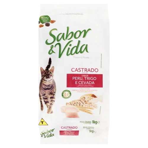 ALIMENTO PARA GATOS CASTRADOS ADULTOS PERU TRIGO E CEVADA SABOR VIDA PACOTE 1KG