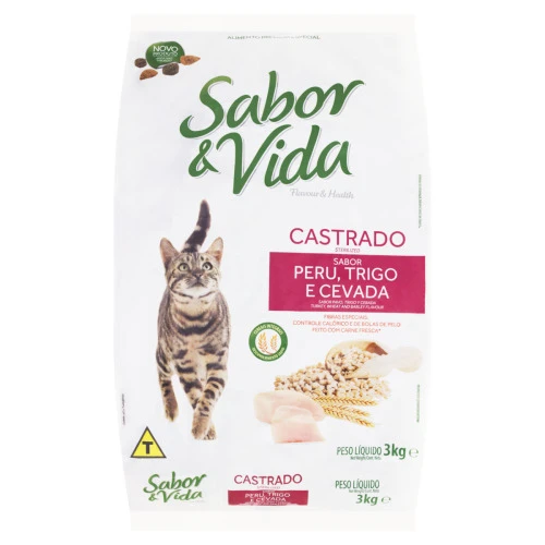 ALIMENTO PARA GATOS CASTRADOS ADULTOS PERU TRIGO E CEVADA SABOR VIDA PACOTE 3KG