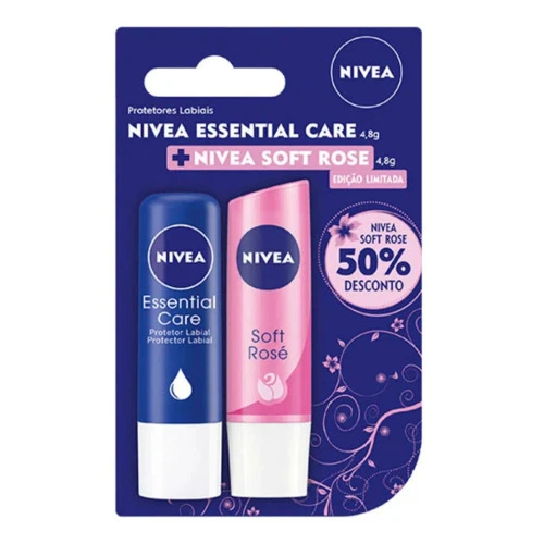 KIT PROTETOR LABIAL NIVEA ESSENTIAL CARE 4 8G  NIVEA SOFT ROSE 4 8G