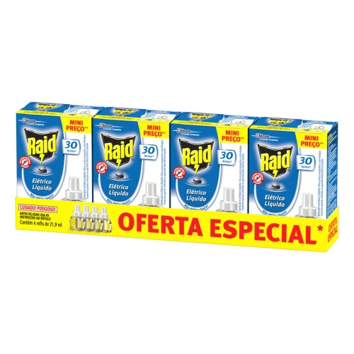 PACK REPELENTE ELÉTRICO LÍQUIDO RAID CAIXA 4 UNIDADES 21 9ML CADA REFIL