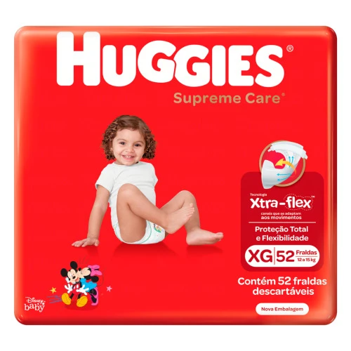 FRALDA DESCARTÁVEL INFANTIL HUGGIES SUPREME CARE XG PACOTE 52 UNIDADES