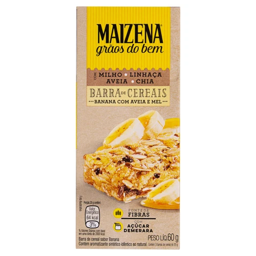 PACK BARRA DE CEREAIS BANANA COM AVEIA E MEL MAIZENA GRÃOS DO BEM CAIXA 60G 3 UNIDADES