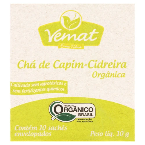 CHÁ ORGÂNICO CAPIM CIDREIRA VEMAT CAIXA 10G 10 UNIDADES