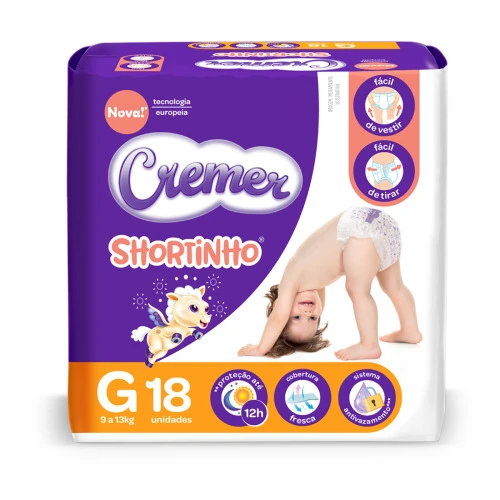FRALDA DESCARTÁVEL INFANTIL SHORTINHO CREMER G PACOTE 18 UNIDADES