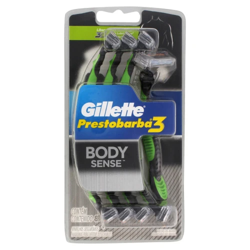 APARELHO DESCARTÁVEL PARA BARBEAR GILLETTE PRESTOBARBA3 BODY SENSE 8 UNIDADES
