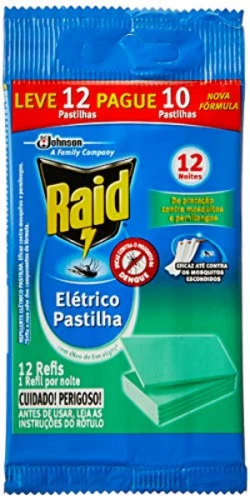 REPELENTE ELÉTRICO PASTILHA 12 NOITES ÓLEO DE EUCALIPTO RAID PACOTE LEVE 12 PAGUE 10 UNIDADES REFIL