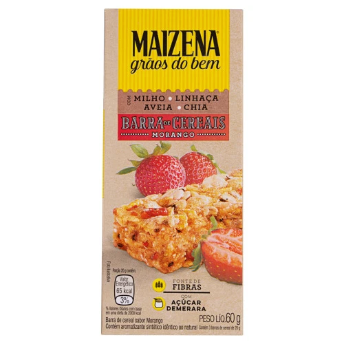 PACK BARRA DE CEREAIS MORANGO MAIZENA GRÃOS DO BEM CAIXA 60G 3 UNIDADES